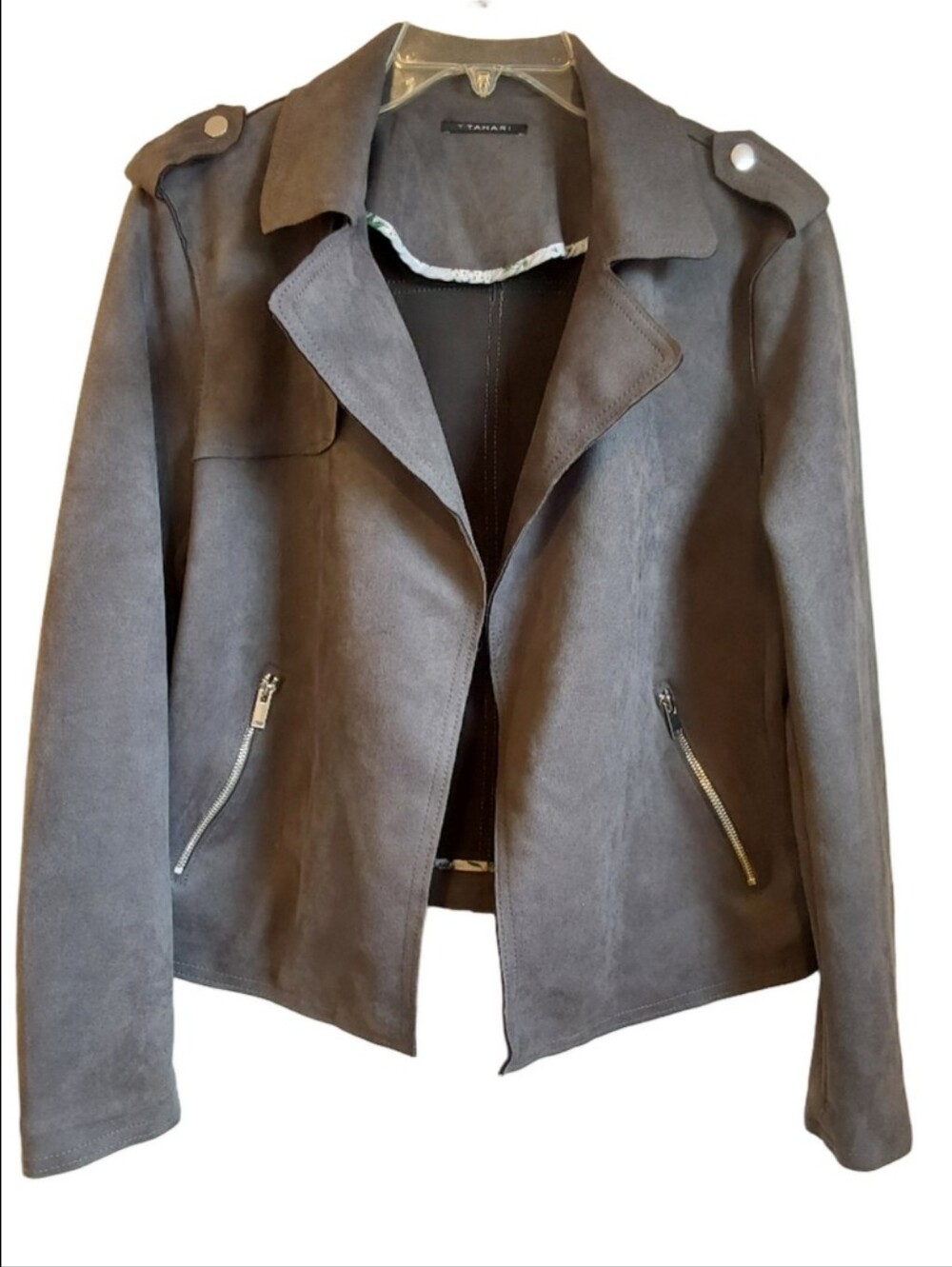 Tahari Dark Gray Suede Moto Jacket